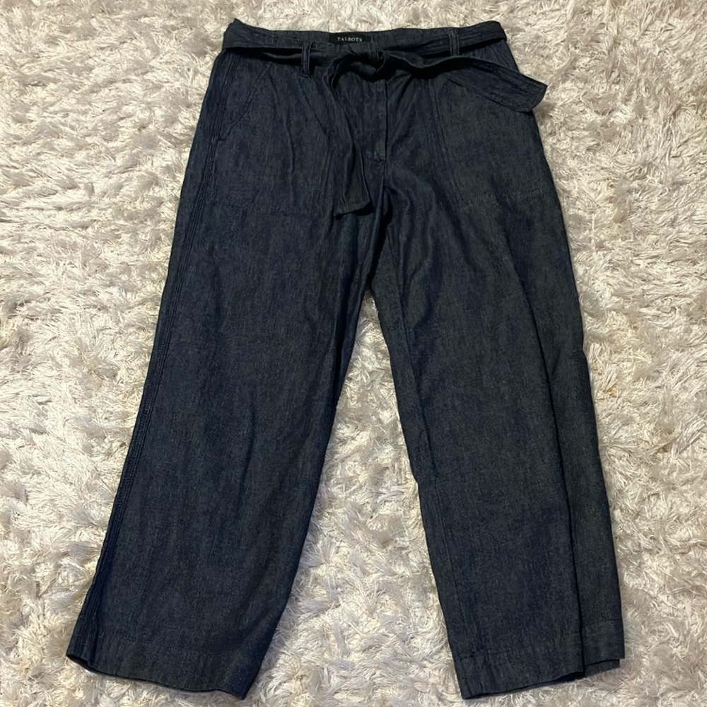Talbots heritage wide leg dark wash belted cotton cropped jeans 6 EUC